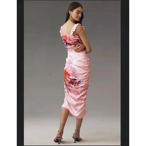 BHLDN Callie Sleeveless Ruched Printed Charmeuse Midi Dress Size US M - Picture 4 of 9